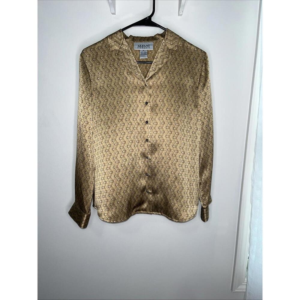 Alfani Women's Long Sleeve Blouse Geometric Print Black On Gold  8P 100% Silk